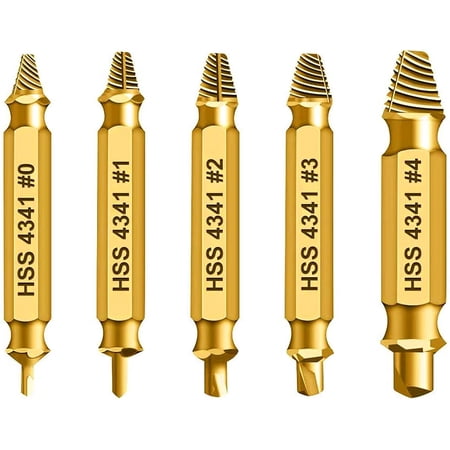 HSS 4341 Damaged Screw Extractor Set, 5-Piece Dual-Ended Drill Bit Kit, Sizes #0-#4, for Stripped, Broken, and Rusty Screws, Superb Gift for Men | High Speed Steel | Gold