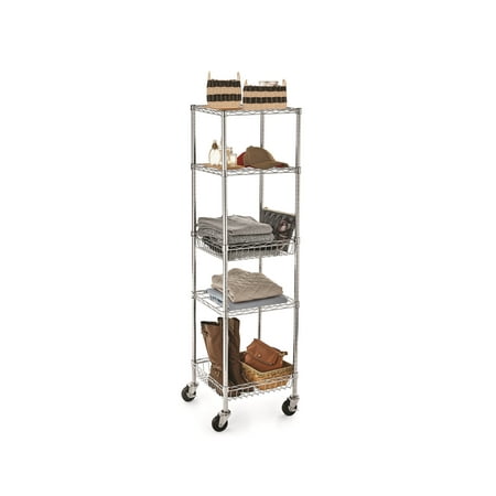 HSS 5-Tier Wire Shelf Tower Unit with Casters 16"Dx16"Wx53.7"H Chrome, Capacity 500 lbs