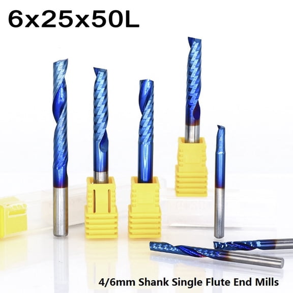 HSS Single Flute End Mill With For Nano Blue Coating For CNC Router, 4Mm-6mm Shank Rotary File For Wood Plastic Acrylic PVC Foam Board Cutting And Engraving(6x25x50L)