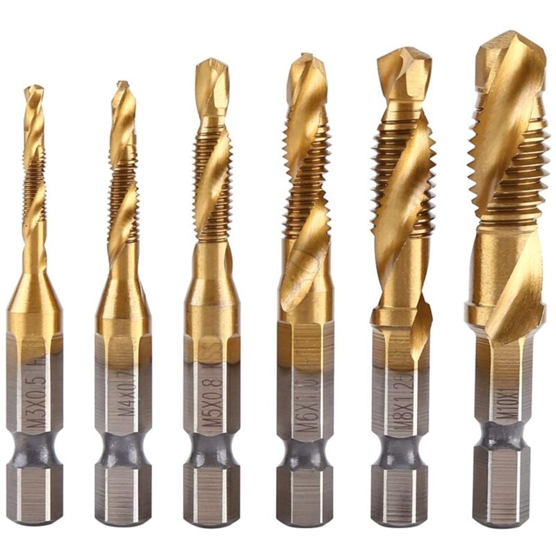 HSS Tapping Drill Bit Set, 6Pcs Metric Thread M3M10 Titanium Coated