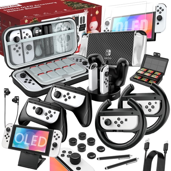 HSTOP Switch OLED Accessories Bundle 27 in 1 Compatible with Nintendo Switch OLED, Gift Kit with Carrying Case, Dockable Protective Case Covers, Screen Protector,Joycon Grip & More (Black)