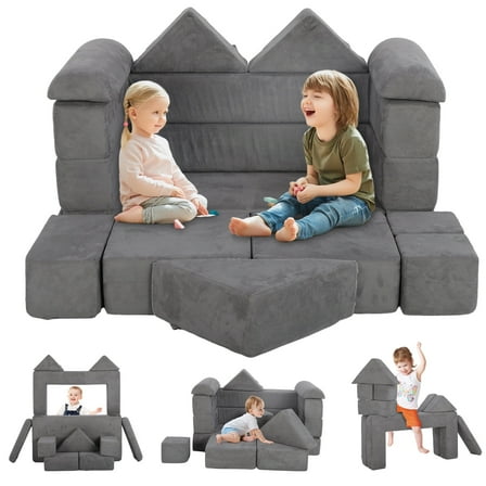 HSUNNS Modular Kids Couch Play Set, 12 PCS Indoor Sponge Sofa for Playroom and Living Room, Gray