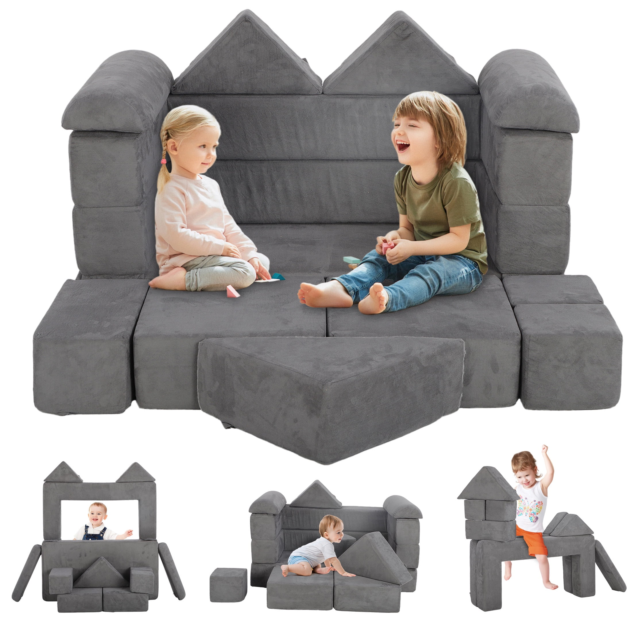 yunn☆kids LIFE COMTEC ZDR018 12PCS Modular Kids Play Couch, HSUNNS Suede Kids' Sofa with