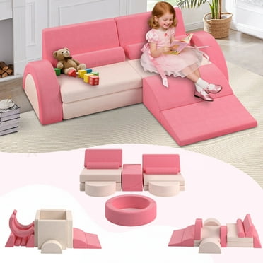 HSUNNS 11PCS Modular Kids Play Couch for Living Room, Foam Toddler Couches and Sofas for 2-7 Years, Certified by CPC, Kids Sofa Furniture, Gift for Boys and Girls, Pink