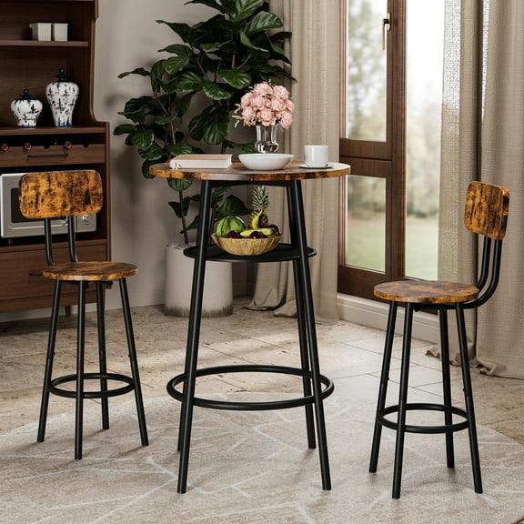 HSUNNS 3-Piece Bar Table Set for 2, Small 2-Tier Round Bistro Pub Dining Table and Stools with Backrest, Counter Height Table and Chairs Set for Kitchen Apartment Small Space, Rustic Brown