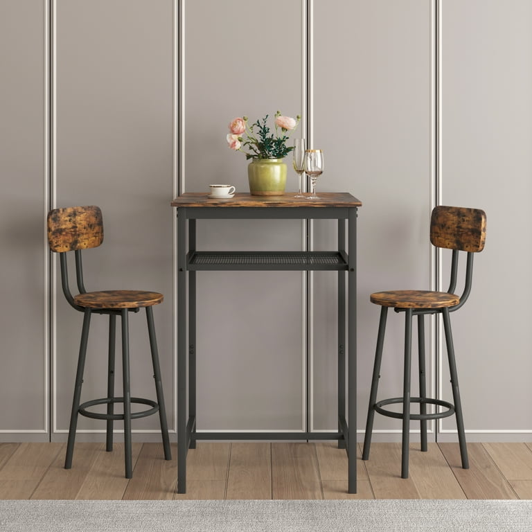 HSUNNS 3 Piece Bar Table Set for 2 Small 2 Tier Square Bistro Pub Dining Table and Stools with Backrest Counter Height Table and Chairs Set for