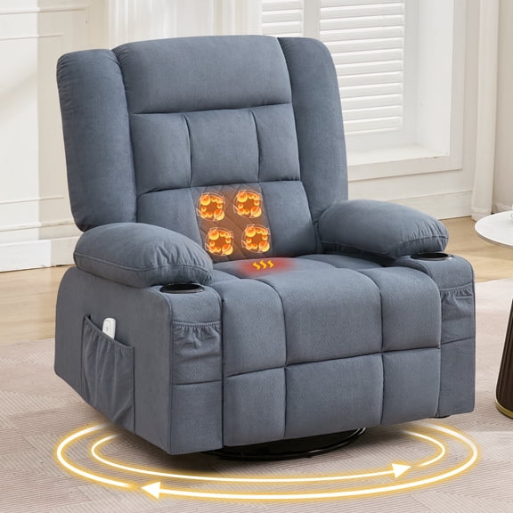 HSUNNS 360°Swivel Recliner Chair for Adults, Living Room Recliner Chair with 4-Point 3D Kneading Massage and Heat, Rocking Swivel Chair with USB Port, Cup Holders, Blue