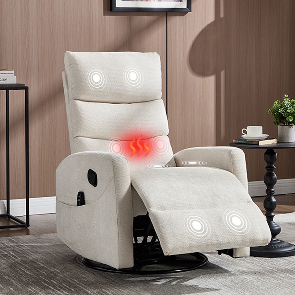 HSUNNS 360° Swivel Rocker Recliner Chair with Heat Massage, Chenille Manual Single Rocker Sofa Recliner Chair with Side Pockets for Living Room Home Theater, Beige