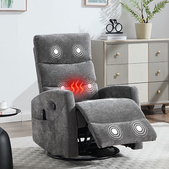 HSUNNS 360° Swivel Rocker Recliner Chair with Heat Massage, Chenille Manual Single Rocker Sofa Recliner Chair with Side Pockets for Living Room Home Theater, Dark Grey