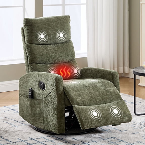 HSUNNS 360° Swivel Rocker Recliner Chair with Heat Massage, Chenille Manual Single Rocker Sofa Recliner Chair with Side Pockets for Living Room Home Theater, Green