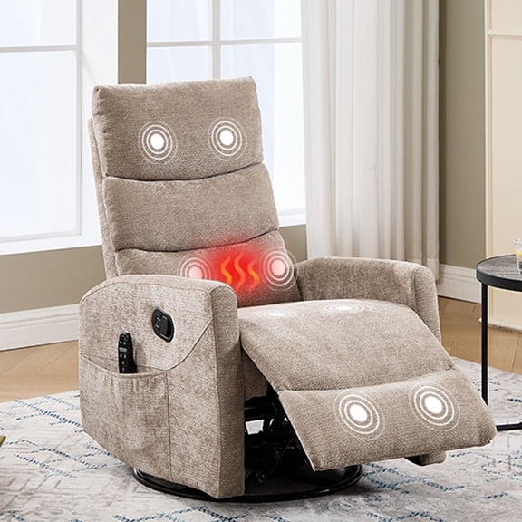 HSUNNS 360° Swivel Rocker Recliner Chair with Heat Massage, Chenille Manual Single Rocker Sofa Recliner Chair with Side Pockets for Living Room Home Theater, Khaki