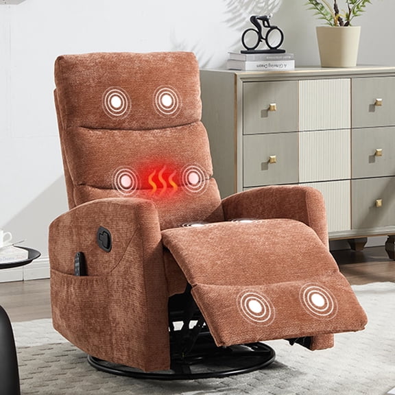 HSUNNS 360° Swivel Rocker Recliner Chair with Heat Massage, Chenille Manual Single Rocker Sofa Recliner Chair with Side Pockets for Living Room Home Theater, Orange