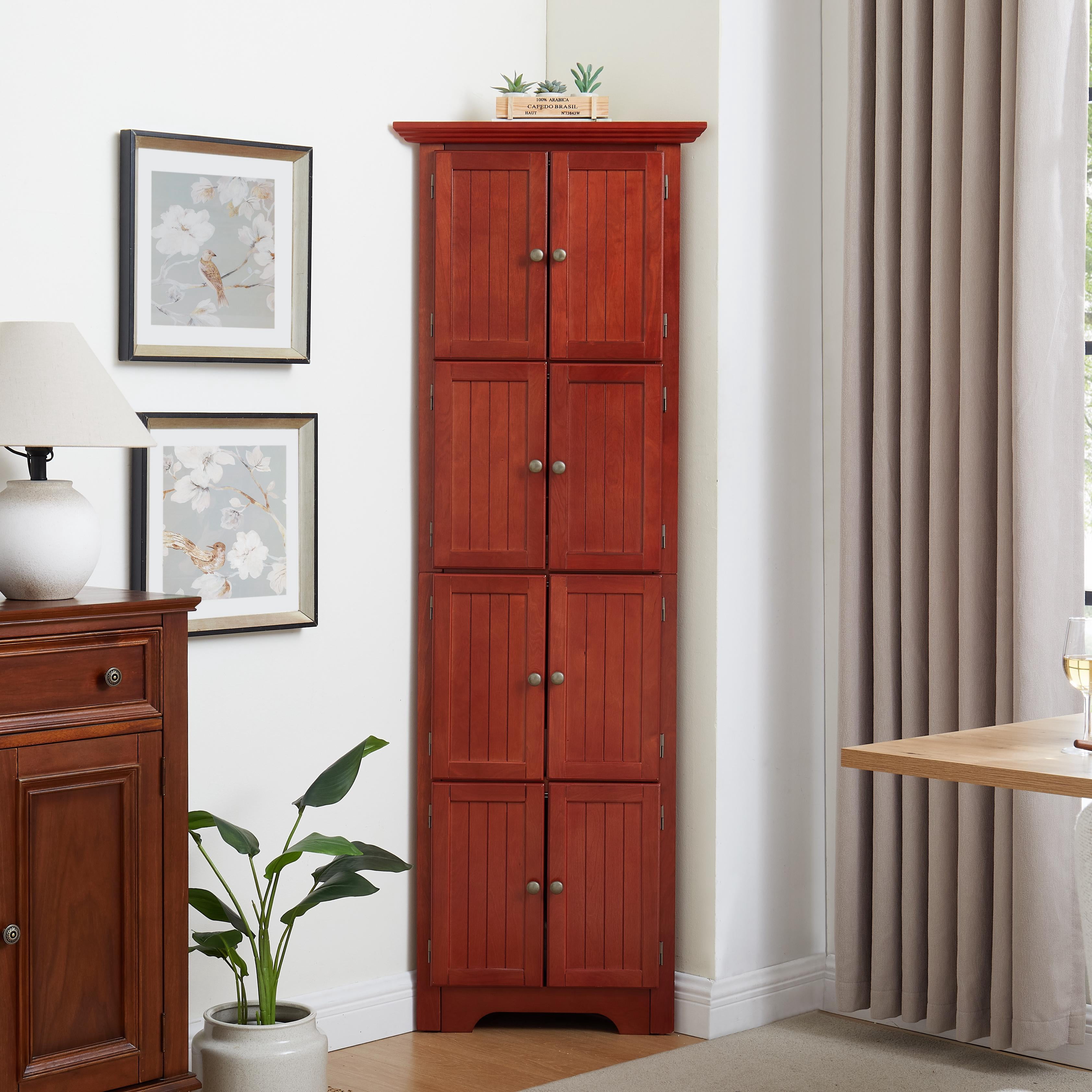 HSUNNS 4-Tier 72" Tall Corner Kitchen Pantry Storage Cabinet with 8 Doors, Freestanding Cupboard Storage Cabinet with Shelves, farmhouse bookshelf Cabinet for Kitchen, Bathroom, Living room, Cherry