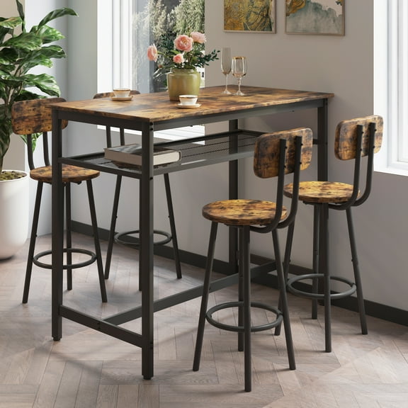 HSUNNS 5-Piece Dining Set for 4, 2-Tier Rectangular Bistro Pub Dining Table, and Round Stools with Backrest, Counter Height Table and Chairs Set for Kitchen Apartment Small Space, Brown