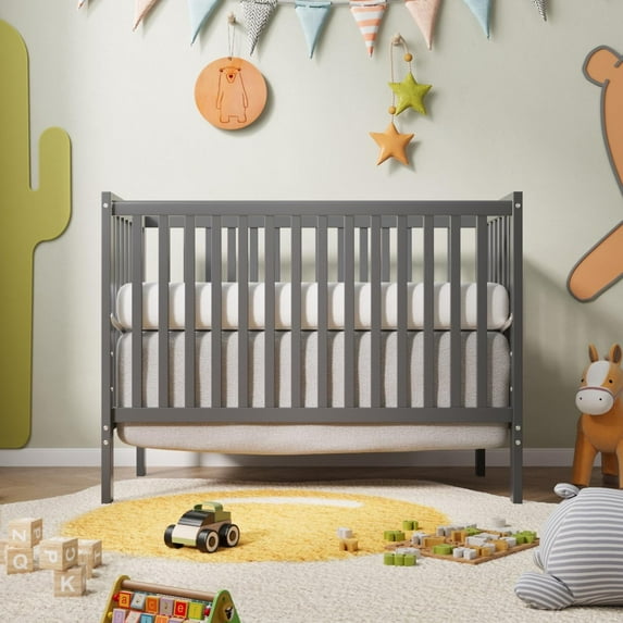 HSUNNS 5-in-1 Convertible Crib, Baby Crib with Slats, Certified Baby Safe Crib, Converts from Baby Crib to Toddler Bed, Easy Assembly, 3 Adjustable Heights, Gray