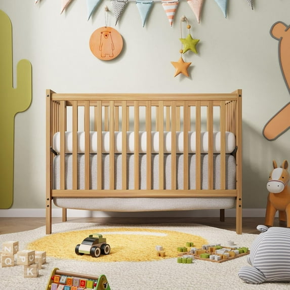 HSUNNS 4-in-1 Convertible Crib, Baby Crib with Slats, Certified Baby Safe Crib, Converts from Baby Crib to Toddler Bed, Easy Assembly, 3 Adjustable Heights, Natural