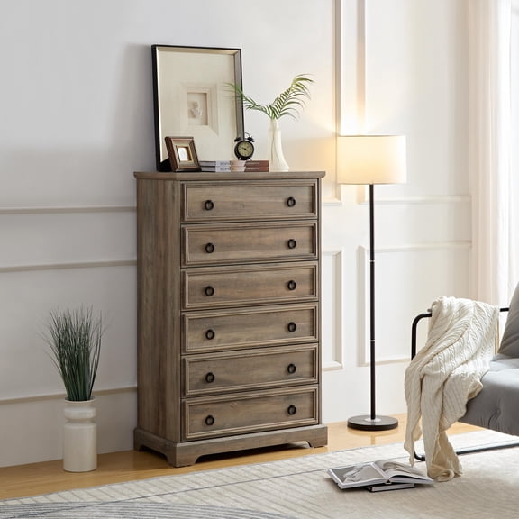 HSUNNS 6 Drawer Dresser for Bedroom, Drawers Cabinet, Chest of Drawers for Bedroom, Storage Cabinet Nightstand Dresser Organizer with Vintage Design, Closet, Brown