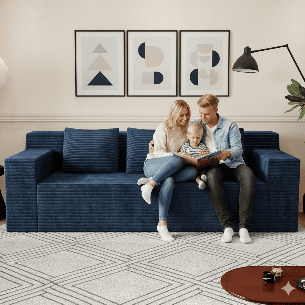HSUNNS 71" 3 Setaser Sofa, Comfy Extra Deep Seat 3 Seater Couch for Living Room with Soft Upholstered, Free 3 Pillows and Side Pockets, No Assembly Required, Blue