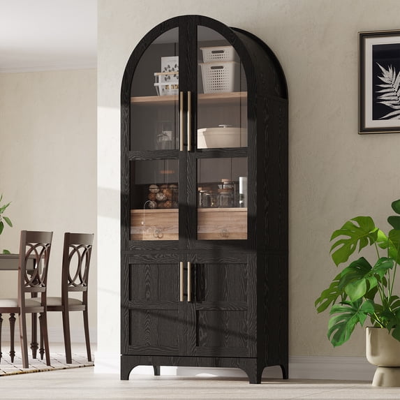 HSUNNS 71" Tall Kitchen Pantry Cabinet with Arched Glass Doors and Adjustable Shelves, Freestanding Modern Farmhouse Hutch Cupboard, Wooden Storage Cabinets for Kitchen Dining Room, Black