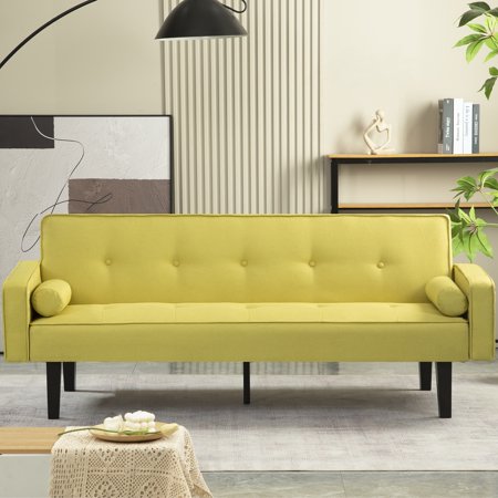 HSUNNS 72" Modern Convertible Sofa Bed, Yellow Fabric Futon Recliner Couch with 2 Pillows, Sleeper Sofa Couch with 3 Adjustable Backrest Angles and Wooden Legs, for Apartment, Living Room