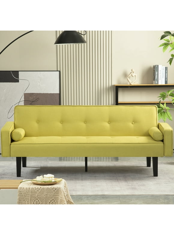 HSUNNS 72" Modern Convertible Sofa Bed, Yellow Fabric Futon Recliner Couch with 2 Pillows, Sleeper Sofa Couch with 3 Adjustable Backrest Angles and Wooden Legs, for Apartment, Living Room
