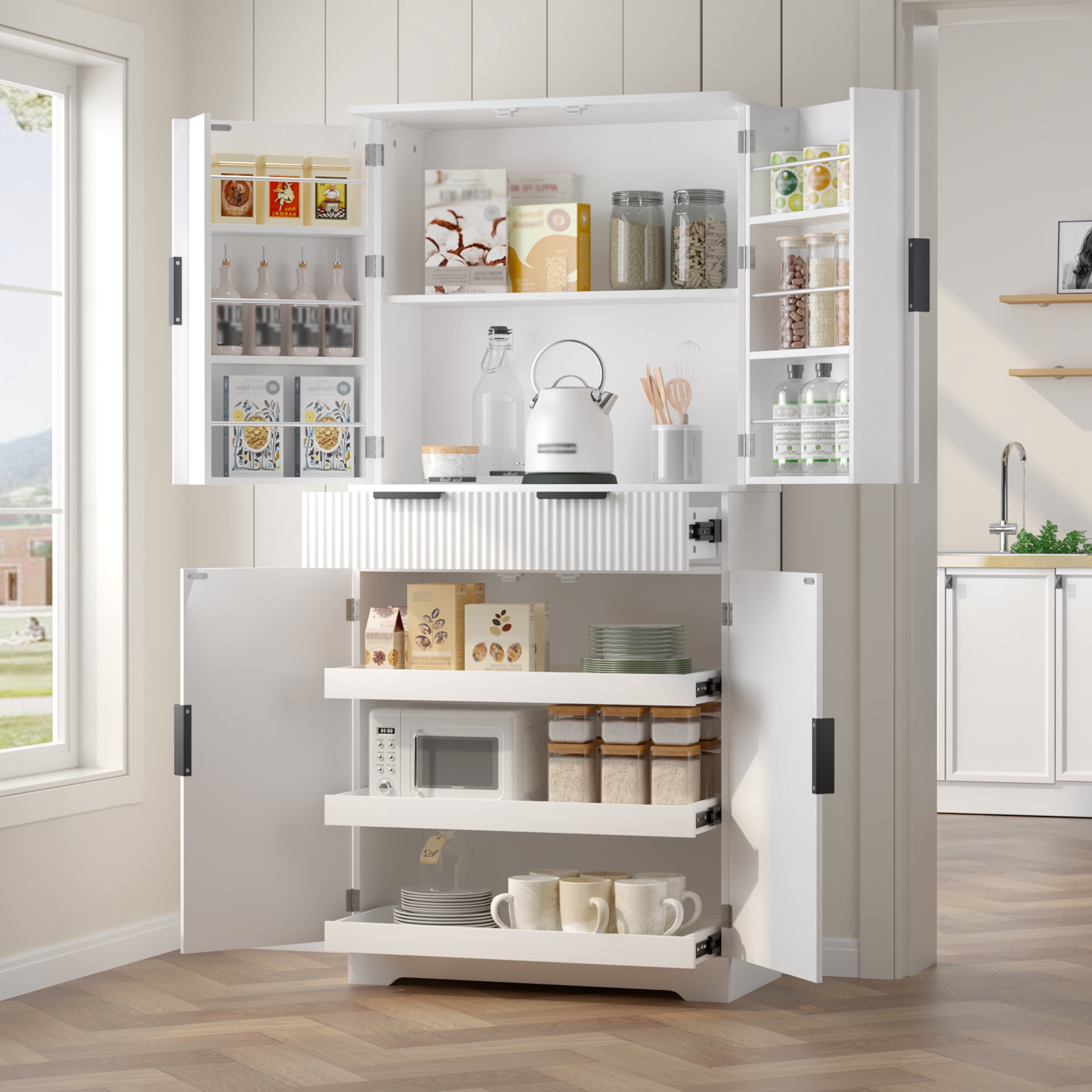 HSUNNS 72" Tall Kitchen Pantry Storage Cabinet with Drawer, Freestanding Cupboard Storage Cabinet with 4 Doors and 6 Adjustable Shelves, for Kitchen, Dining Room, White