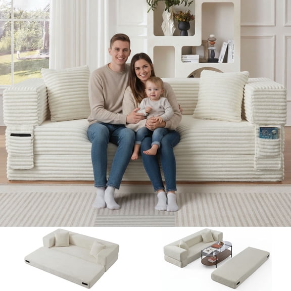 HSUNNS 78" 3 Setaser Sofa, Comfy Extra Deep Seat 3 Seater Couch for Living Room with Soft Upholstered, unique two-tier design, convertible into a bed, Free 2 Pillows, No Assembly Required, White