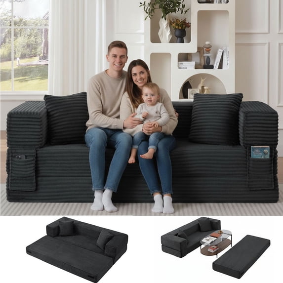 HSUNNS 78" 3 Setaser Sofa, Comfy Extra Deep Seat 3 Seater Couch for Living Room with Soft Upholstered, unique two-tier design, convertible into a bed, Free 2 Pillows, No Assembly Required, Grey