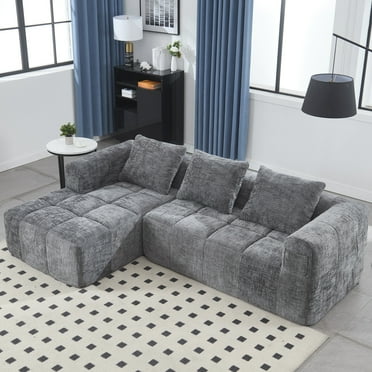 HSUNNS Compression Sofa, 98.42" L-Shape Modular Sectional Sofa with Chaise Longue and Pillows, 3-Seat Chenille Lounge Sleeper Sofa Couch for Home Living Room, No Assembly, Gray