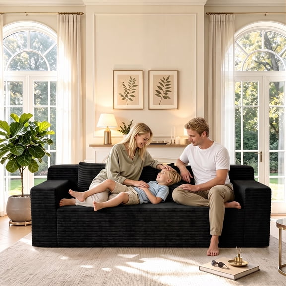 HSUNNS 71" 3 Setaser Sofa, Comfy Extra Deep Seat 3 Seater Couch for Living Room with Soft Upholstered and Side Pockets, Free 3 Pillows, No Assembly Required, Black