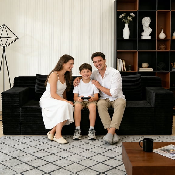 HSUNNS 71" 3 Setaser Sofa, Comfy Extra Deep Seat 3 Seater Couch for Living Room with Soft Upholstered and Side Pockets, Free 3 Pillows, No Assembly Required, Black