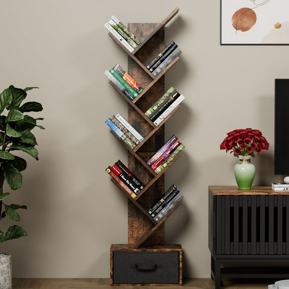HSUNNS 9 Tier Tree Bookshelf with Drawer, Floor Standing Bookcase, Farmhouse Book Storage, Free Standing Tree Bookcase, Utility Organizer Shelves for Home Office, Living Room, Bedroom, Brown