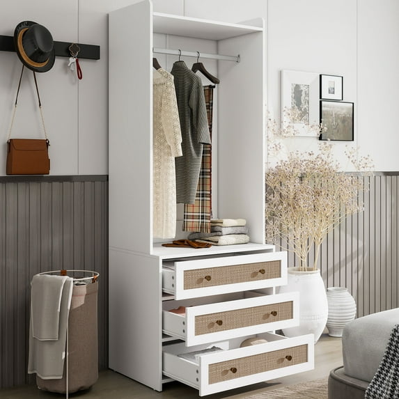 HSUNNS Armoire Wardrobe Closet with 3 Drawers and Hanging Rod, Clothing Storage Cabinet, Sturdy Freestanding Modern Bedroom Armoires with Rattan for bedrooms and dressing rooms, White