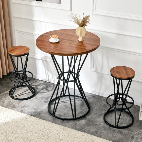 HSUNNS Bar Table Set, 3-Piece Dining Table Set, 31.5" Round Industrial Pub Table Set with 2 Stools, Wood Grain Top & Black Metal Frame, Space-Saving Kitchen Table Set for Small Apartments, Walnut