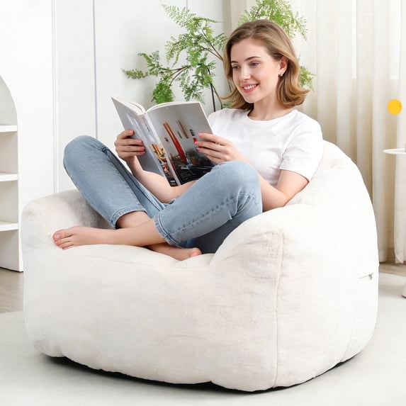 HSUNNS Bean Bag Chair for Adults, Faux Fur, Side Pocket, Comfy Bean Bag Sofa with Memory Foam Filled, Armrest Lazy Sofa Lounge Chair for Living Room, White