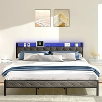 HSUNNS Bed Frame King Size with LED Lights, Metal Platform King Bed with Storage Upholstered Headboard, Bed Frame King Size with Charging Station, No Box Spring Needed, Noise Free, Dark Gray