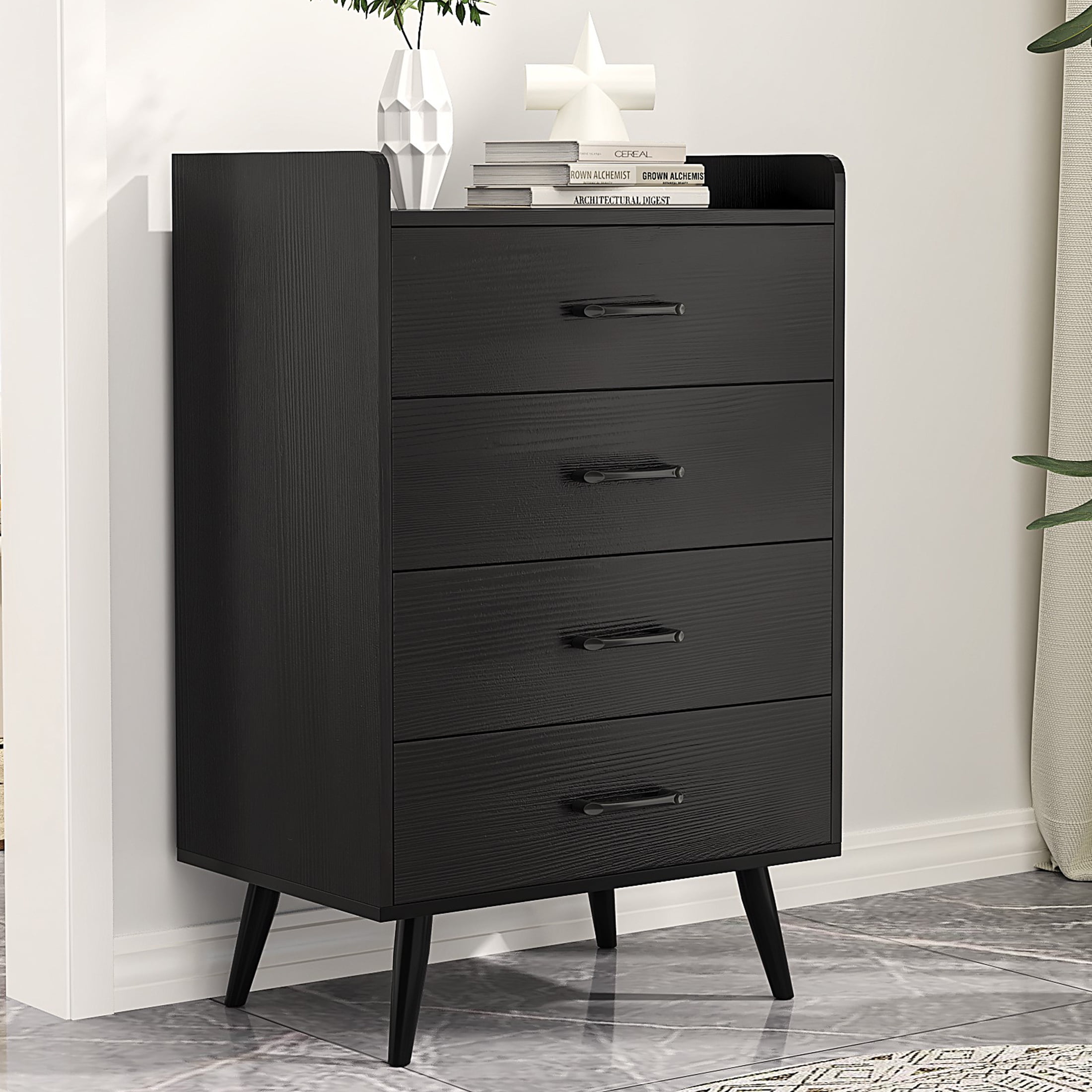 HSUNNS Black Chest of 4 Drawers, Storage Cabinet with Wooden Feet and ...