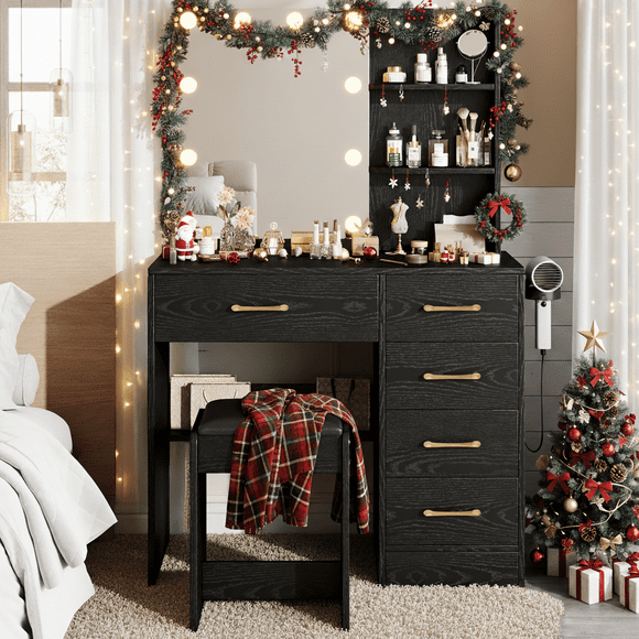 Black Vanity Set with Mirror and Light for Women, PAPROOS Small Vanity Desk with 5 Drawers, Modern Wood Makeup Table with Hair Dryer Rack and Stool