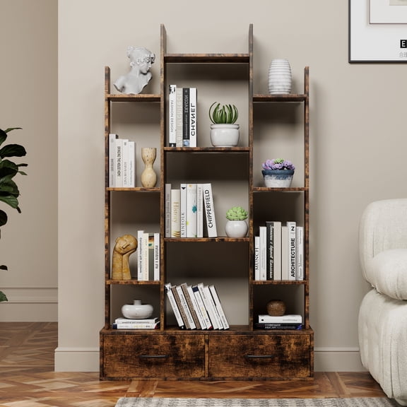 HSUNNS Bookshelf with 2 Drawers, Floor Standing Bookcase, Farmhouse Book Storage, Freestanding Open Display Bookcase, Utility Organizer Shelves for Home Office, Living Room, Bedroom, Brown