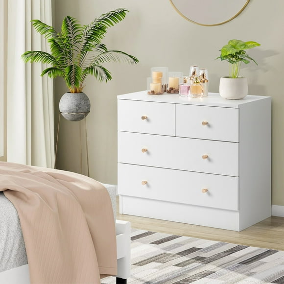 HSUNNS White 4 Drawer Dresser, Storage Cabinet with Easy Pull Handle for Living Room and Bedroom, Chest of Drawers with 2 Small Drawers and 2 Big Drawers, Dresser Nightstand, White
