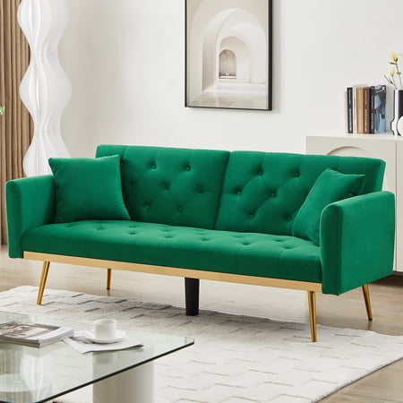HSUNNS Couches for Living Room, Velvet Upholstered Convertible Sofa Bed with Armrests, 2 Pillows, Adjustable Backrest, Mid Century Futon Sofa and Couch for Home Apartment Dorm Living Room, Green