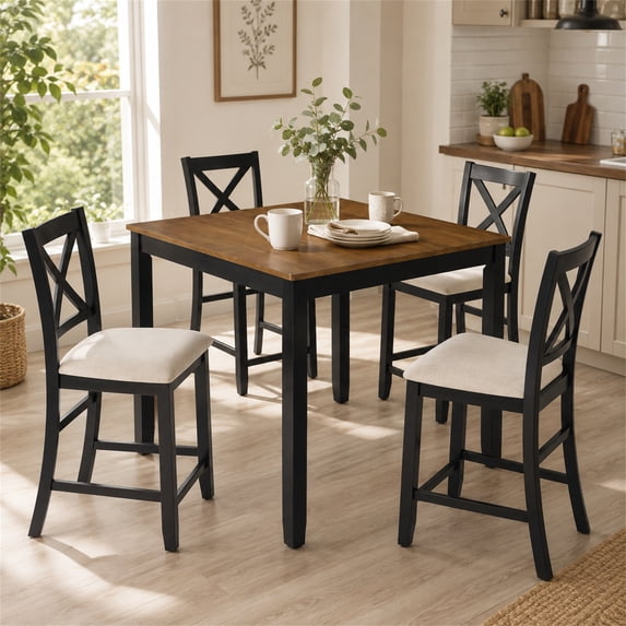 HSUNNS 5-Piece Counter Height Dining Table Set for 4, 34.5" Square Kitchen Table with 4 Upholstered X-Shaped Backrest Chair, Space-Saving Table and Chairs, Black & Oak