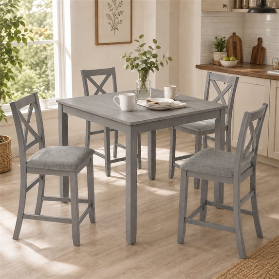 HSUNNS 5-Piece Counter Height Dining Table Set for 4, 34.5" Square Kitchen Table with 4 Upholstered X-Shaped Backrest Chair, Space-Saving Table and Chairs, Gray
