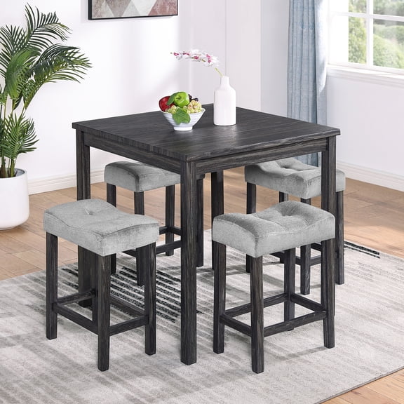 HSUNNS Dining Table Set for 4, 5-Piece Industrial Kitchen Table Set with 4 Upholstered Stools, Dining Set with Wood Grain Finish for Home and Kitchen, Small Spaces, Black
