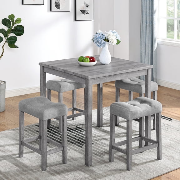 HSUNNS Dining Table Set for 4, 5-Piece Industrial Kitchen Table Set with 4 Upholstered Stools, Dining Set with Wood Grain Finish for Home and Kitchen, Small Spaces, Grey