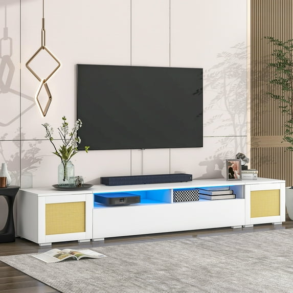HSUNNS Entertainment Center for Up to 90+ in TVs with 3 Doors and Shelves, Modern RGB LED TV Stand Cabinet with Lights for Living Room Bedroom, Media Storage Stand, 82.7"W x 15.6"D x 13.8"H, White