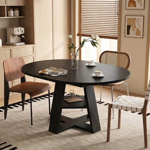 HSUNNS Extendable Round Dining Table for 4-8, 43.3in-59in Kitchen Table with Removable Leaves Space Saving, Wood Base Dining Room Table with Storage Shelf for Living Room Small Spaces (Black)
