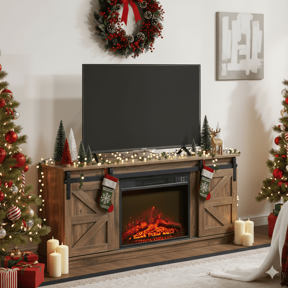 HSUNNS Fireplace TV Stand for Television up to 65 Inch with Storage and Farmhouse Sliding Barn Doors, TV Console with 23'' Electric Fireplace, Entertainment Center with Cabinet and Shelves, Brown