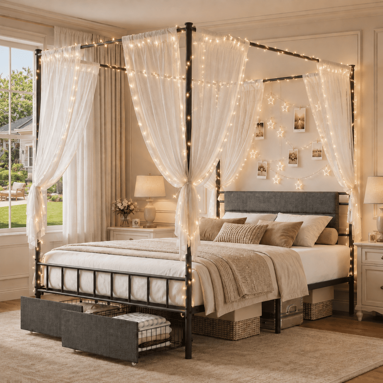 FullSize Bed Frame, HSUNNS Upholstered Full Size Canopy Bed Frame with 2 Storage Drawers, Headboard and Footboard, Metal Platform Bed with Under-Bed Storage, No Box Spring Needed, Black+Gray