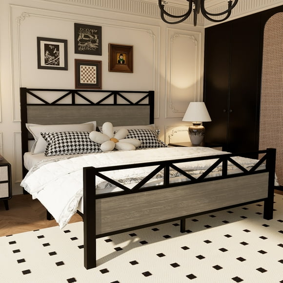HSUNNS Full Size Bed Frame, Industrial Style Metal Full Bed with 27.9" Headboard and Footboard, Platform Bed Frame with 12.6" Under-Bed Storage, 440 LBS, Easy to Assemble, Black+Brown